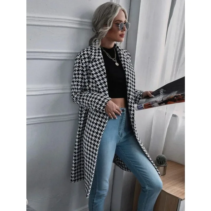 Autunno inverno donna giacca di lana pied de poule elegante moda Plaid manica lunga bavero bottone cappotto allentato Trench giacca a vento Outwear