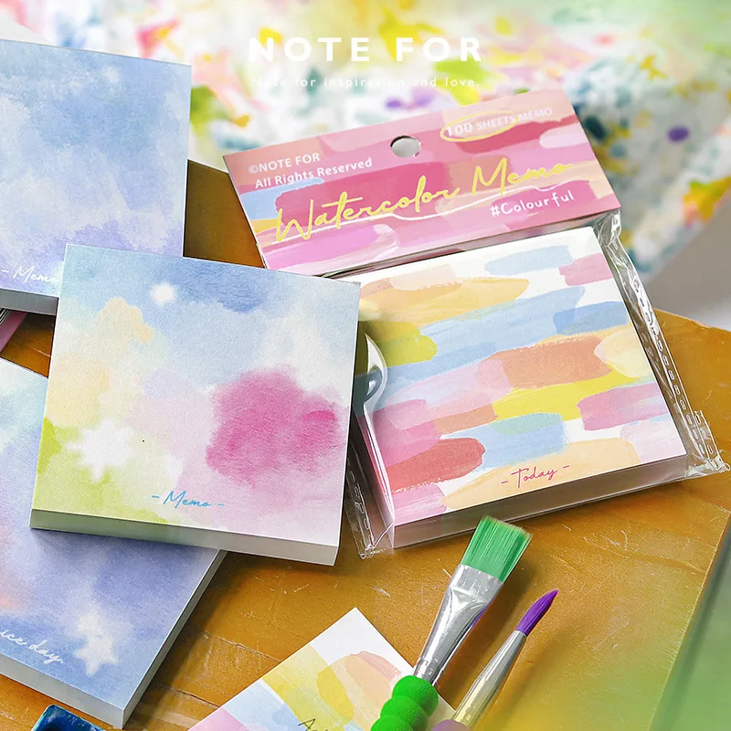 100 Pcs Memo Pad Colored Non-Sticky Notes Watercolor Scrapbook Paper Assorted Pink Blue Watercolor Print Card Stock Paper