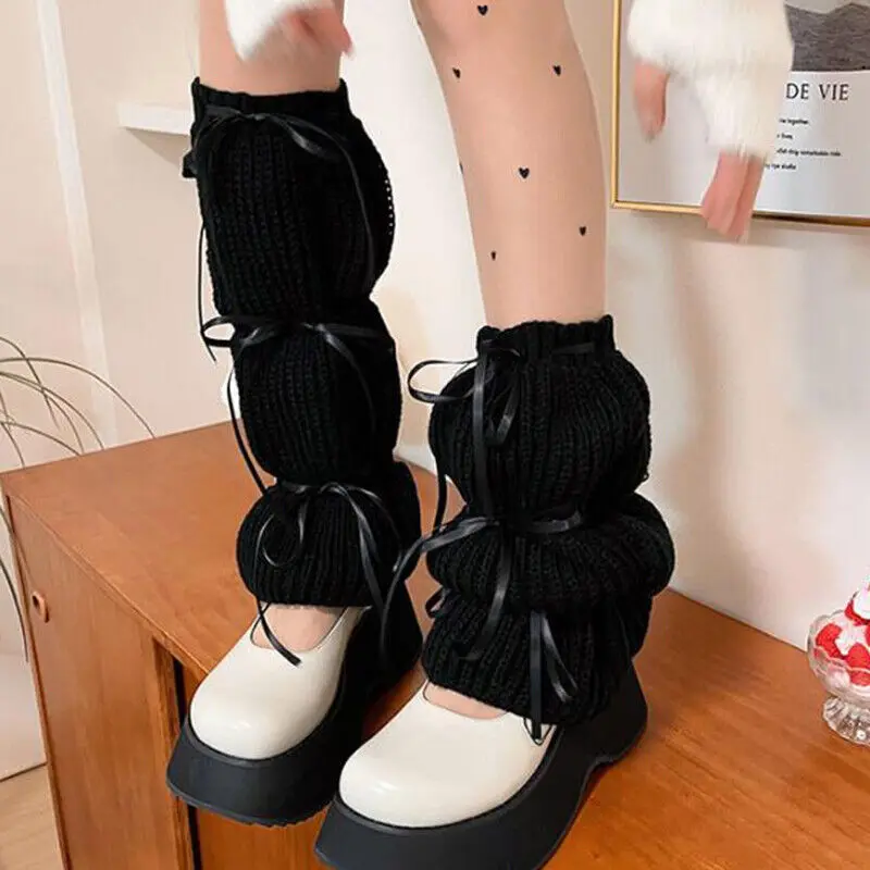 JK Lolita Harajuku Leg Warmers Women Bubble Lantern Lace-up Stockings Leg Cover Gothic Y2K Style Crochet Wool Knitted Long Socks