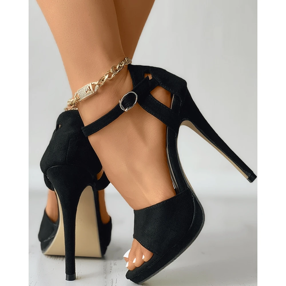 Women Party Suede Buckled Cutout Stiletto Heels 2024 Korean Style High Heel Black Pumps Sandals Spring Autumn