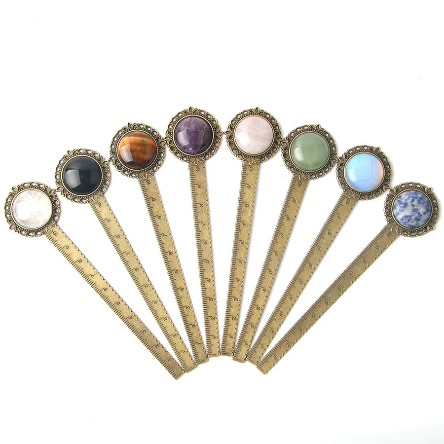

Retro Ruler Metal Bookmark With Natural Crystal Stones Tiger Eye Rose Quartz Bookmarks Gemstone Inlaided Alloy Page Marker Tool
