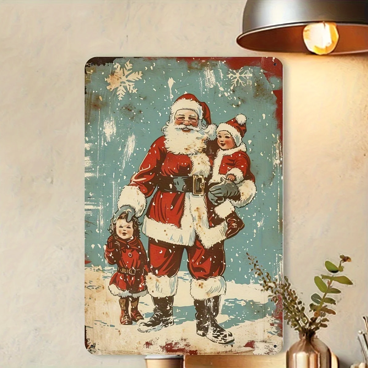 مسطح ثنائي الأبعاد، قطعة واحدة من علامة القصدير الحديدية سانتا كلوز العتيقة مقاس 8 × 12 بوصة - ديكور فني جداري ريفي لعيد الميلاد مع فتحات محفورة مسبقًا، معدن متين #1