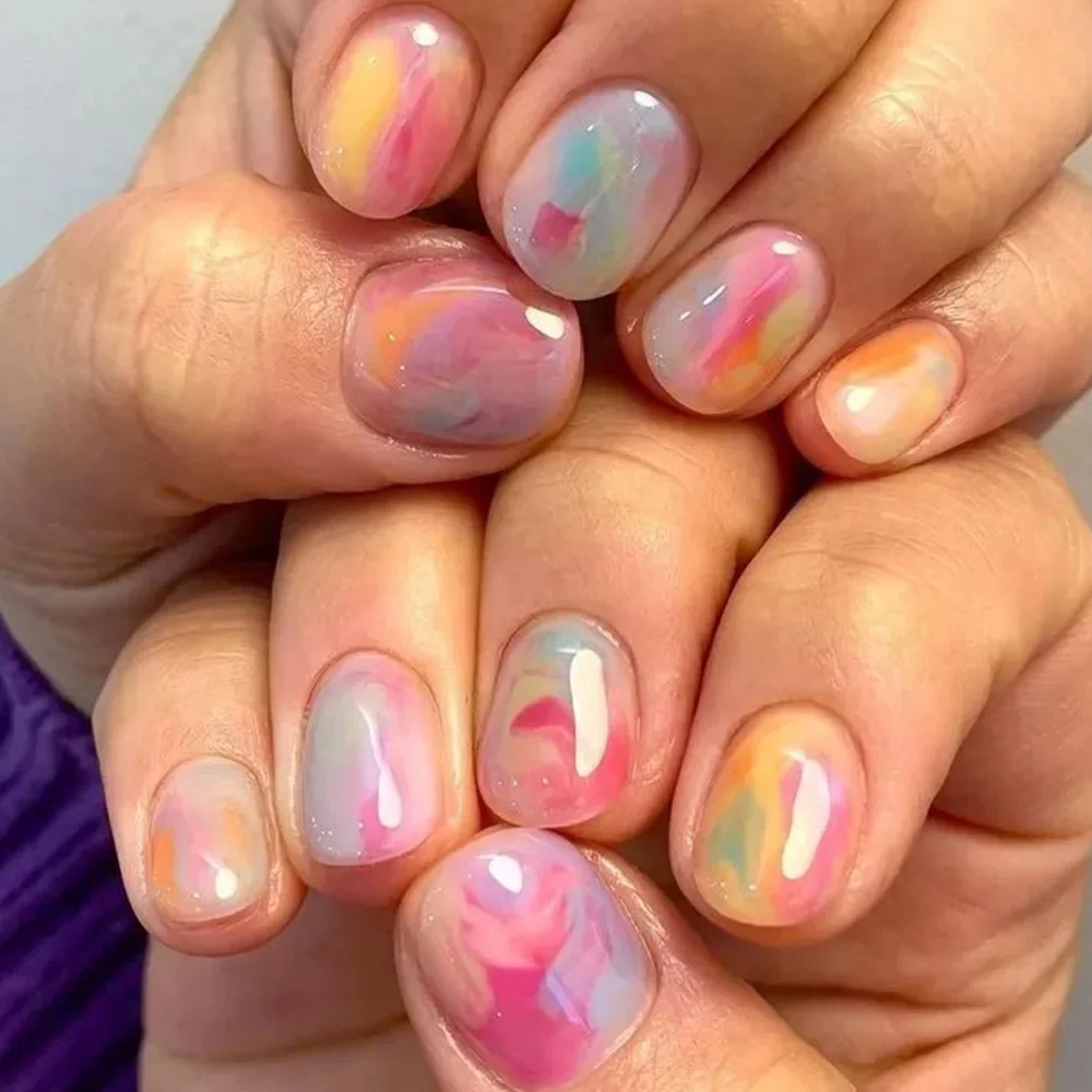 

24Pcs Short Square Head Summer Fake Nail Colorful Gradient with Design Simple Full Cover False Nail Wearable Press on Nails Tips