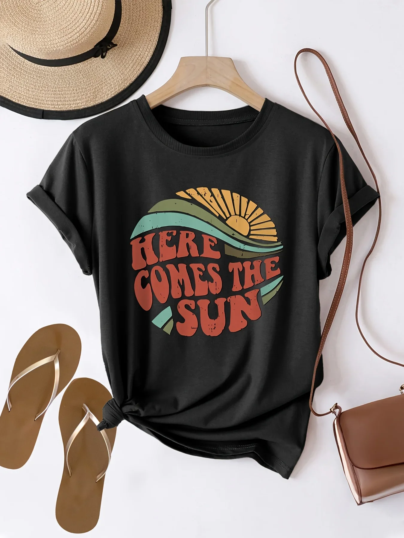 

With Vibrant Sunrise Design All-Season Spring & Summer Ladies T Shirts Playful Women's Graphic Print Sleeve Crew Neck Casual