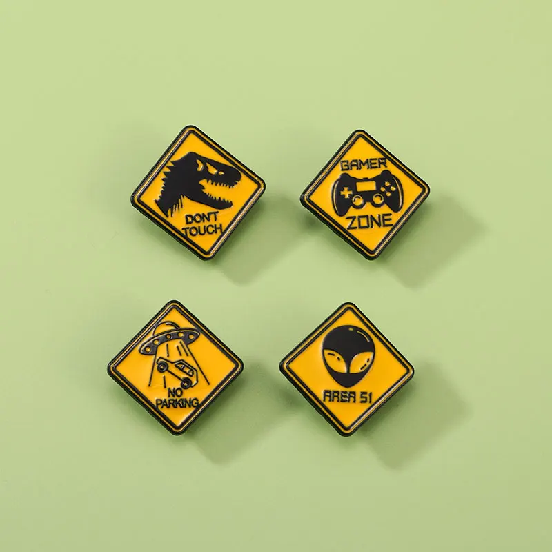 4Pcs/Set Rhombus Sign Series Pins Game Zone No Parking Area 51 Don't Touch Indicator Enamel Brooches