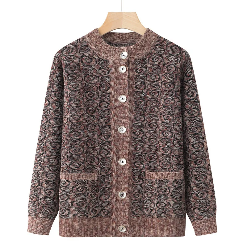 

Grandma's Loose Knit Sweater Cardigan Coat Middle Aged Mother Autumn Winter Clothing Thicken Long Sleeve Top Women Warm Jacket