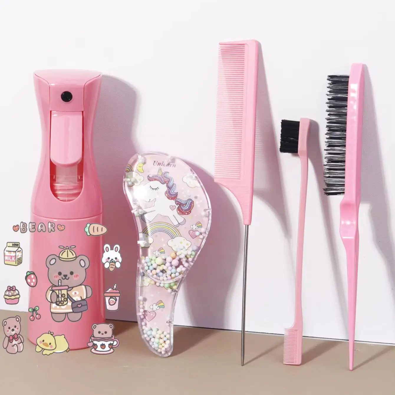 5-teiliges Frisur-Set mit Aufklebern, drei Sätze Styling-Kämme, Kamm-Sprühflaschen, geeignet für alle Haarqualitäten
