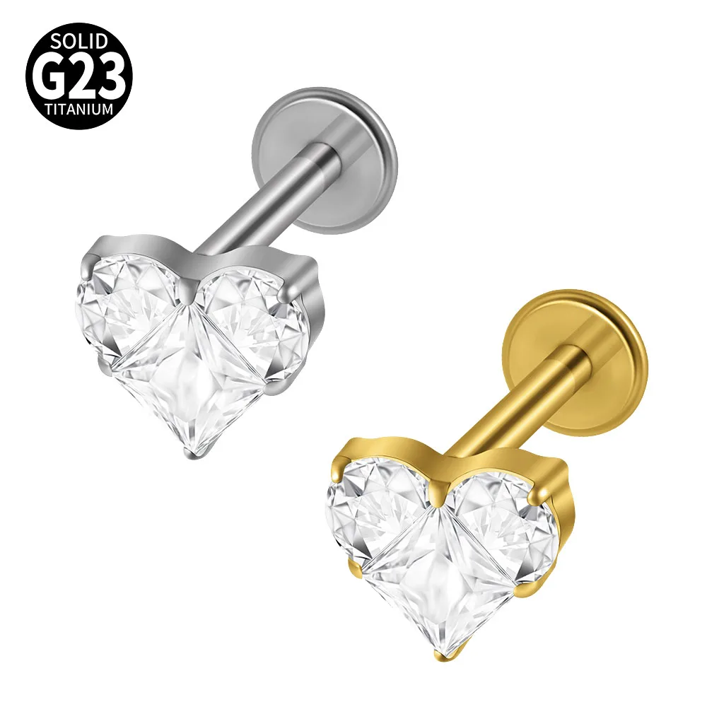 16G G23 Titanium Heart Prong‑set Zircon Internal Thread Piercing Jewelry Labret Lip Tragus Helix Conch Ear Stud Unisex Jewelry