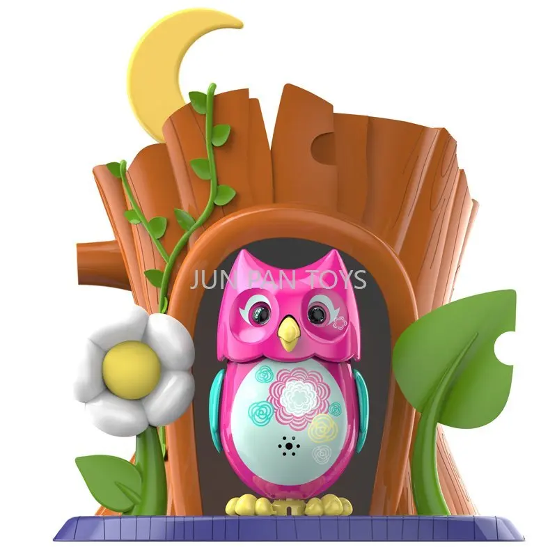 DigiOwls Giocattolo con Occhi Scintillanti e Tronco dell'Albero Casa Pinguino Giocattolo Animale Domestico Elettronico Giocattoli Interattivi per Bambini Giocattoli Canto