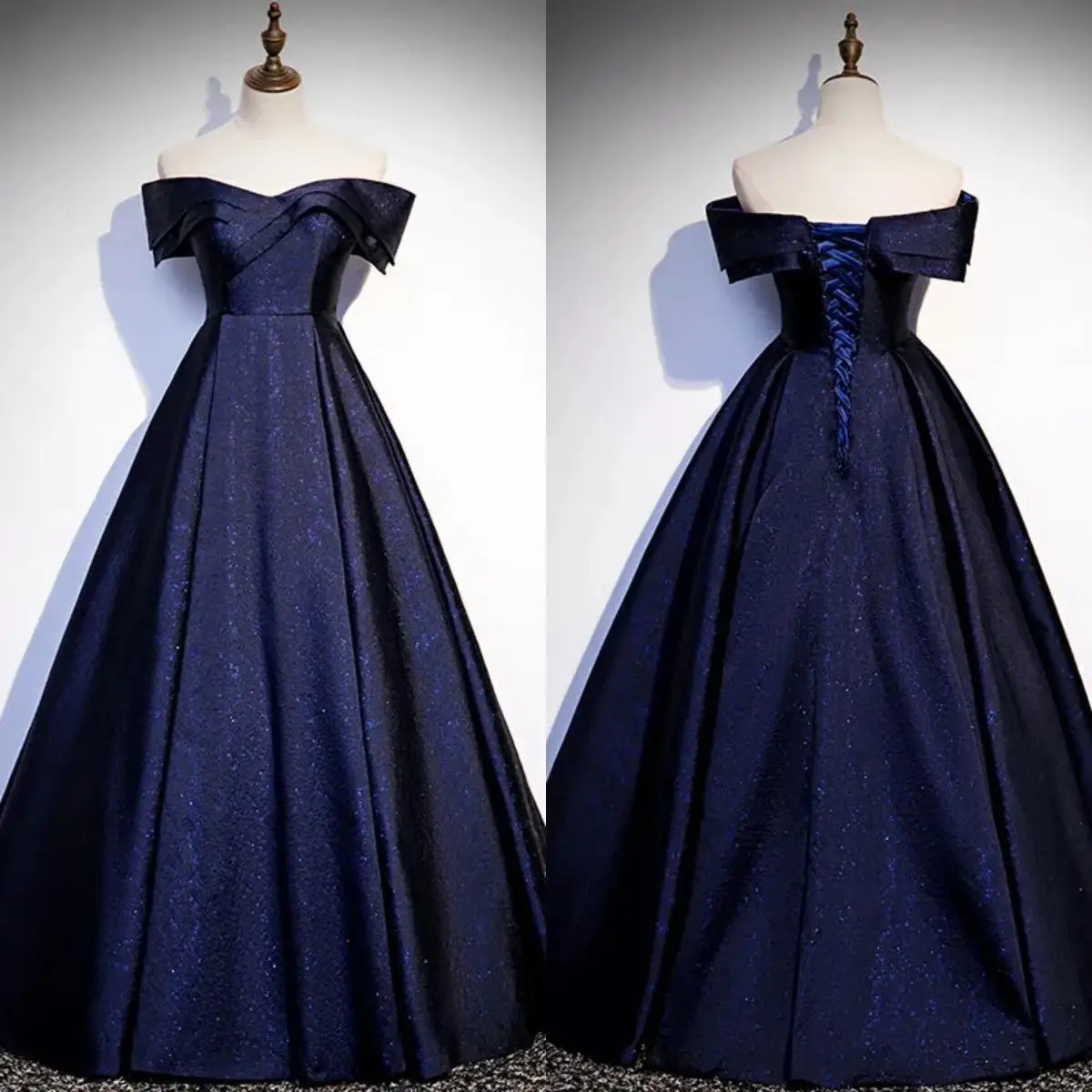 Evening Dress Simple Navy Blue Jecquard Off the Shoulder Pleat Lace up A-line Floor Length Plus size Women Party Formal Gowns