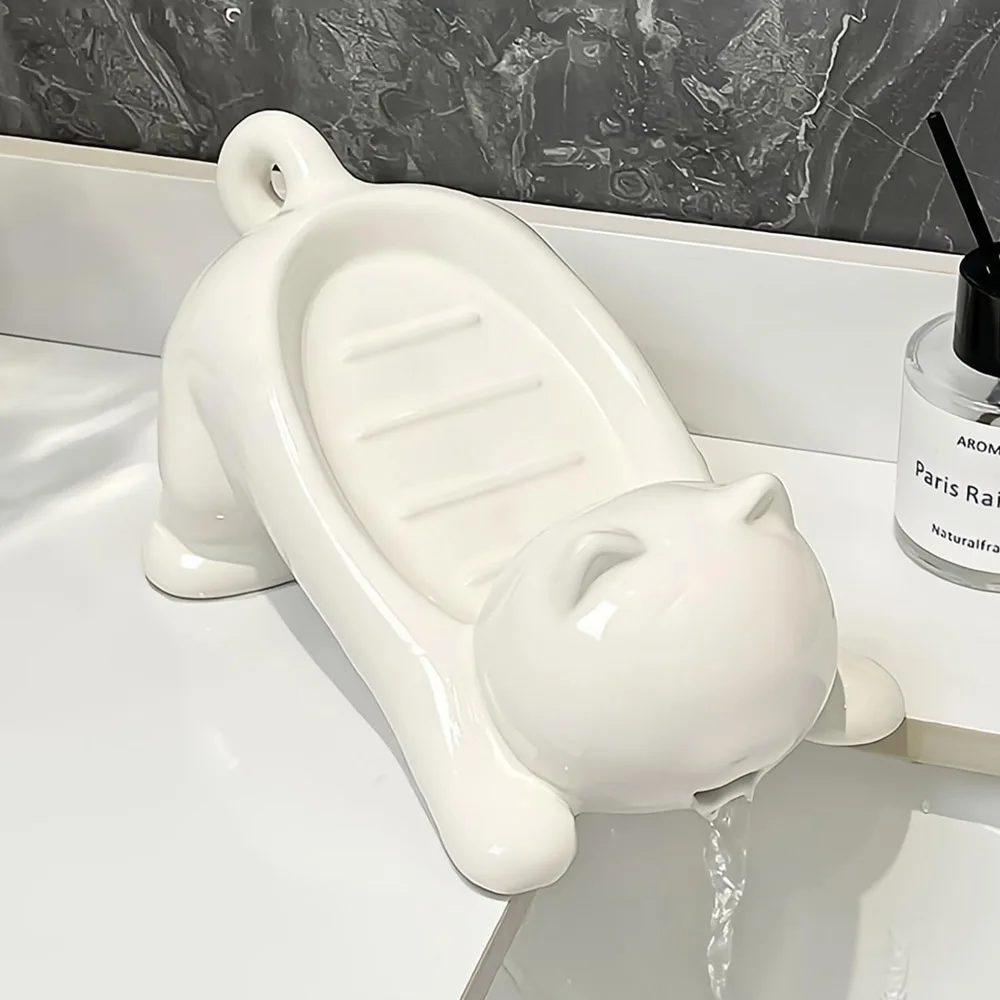 Cute Cat Drain Soap Holder Container Smooth Plastic Toilet Soap Dish Case Tray Bathroom Accessories Washroom Tools Home Decor
