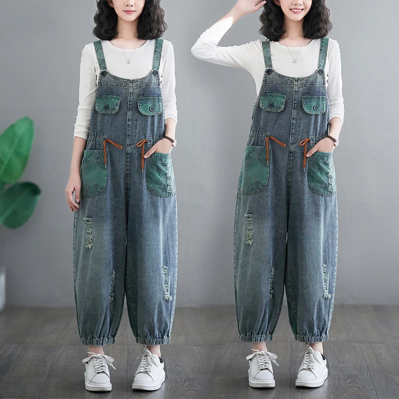 Plus Size Denim Jumpsuit Women 2024 Autumn New Chic Fashion Vintage Pants Blue Color Jean High Waist Ladies Jumpsuit Mujer