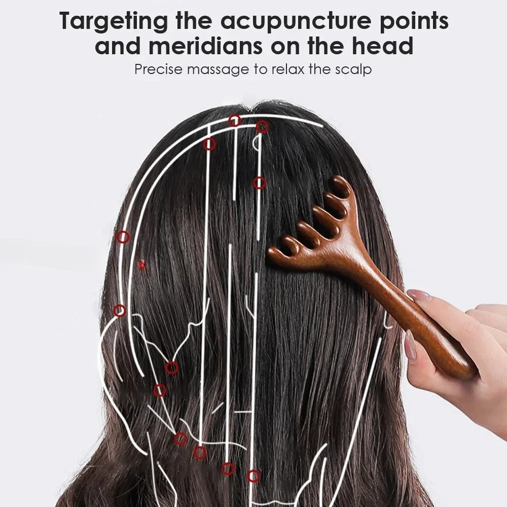 

Wooden Meridian Massage Comb Anti-static 6-Claw Head Massager Promote Blood Circulation Body Gua Sha Tool Head Massage Brush