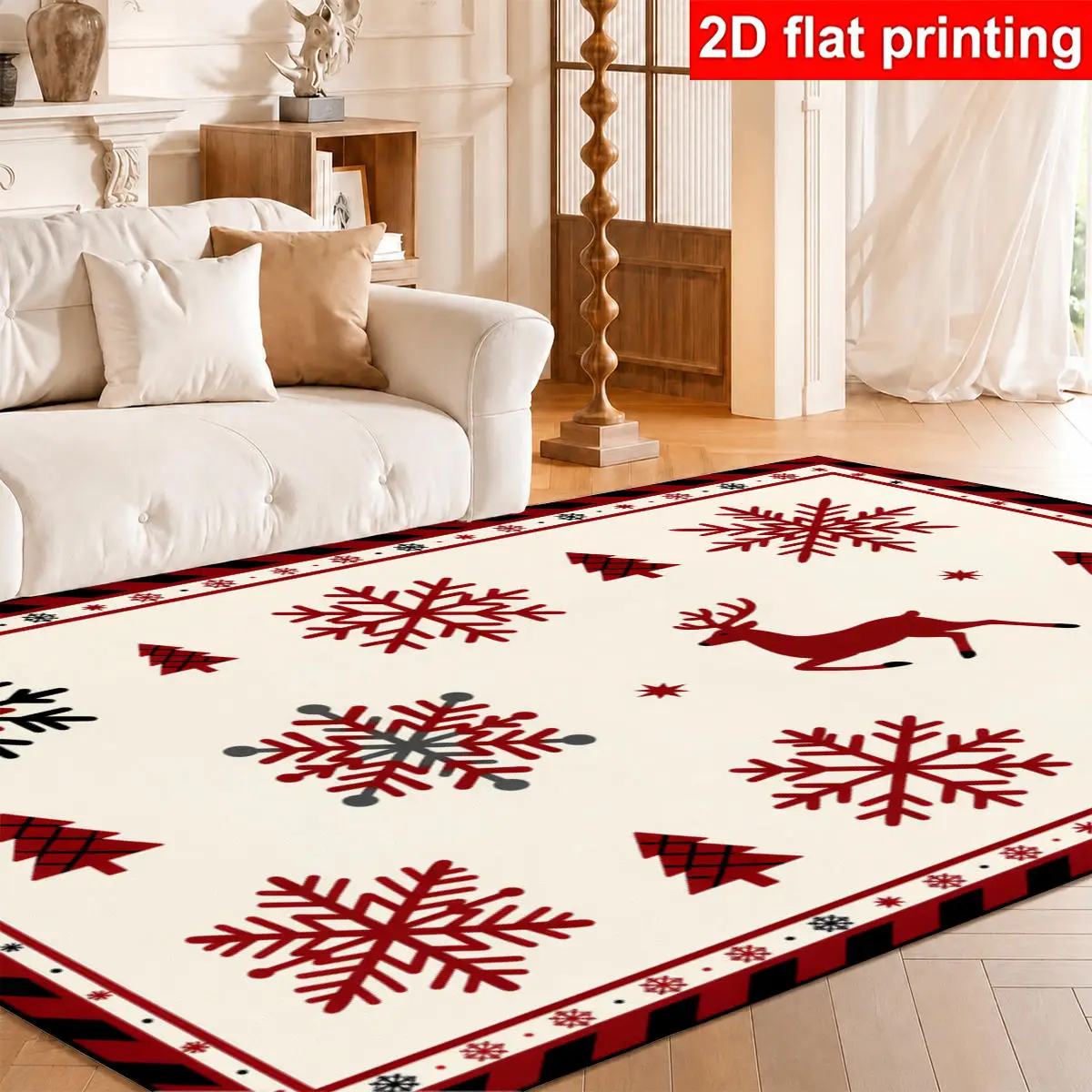 [2D Flat]Large Area Rug With Red Snowflakes, Reindeer And Small Tree Patterns, Base With Red And Black Decorative Border, Living Room, Bedroom, Holiday Home Decoration Red Snowflakes, Reindeer
