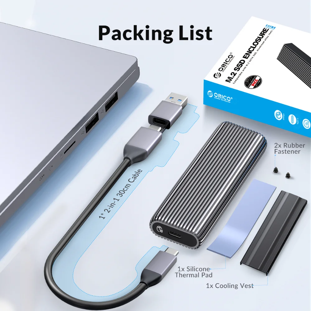 ORICO M.2 SATA SSD Case M.2 NGFF SSD Adaptador de carcasa USB 3.1 Gen2 USB C Caja externa compatible con B-Key