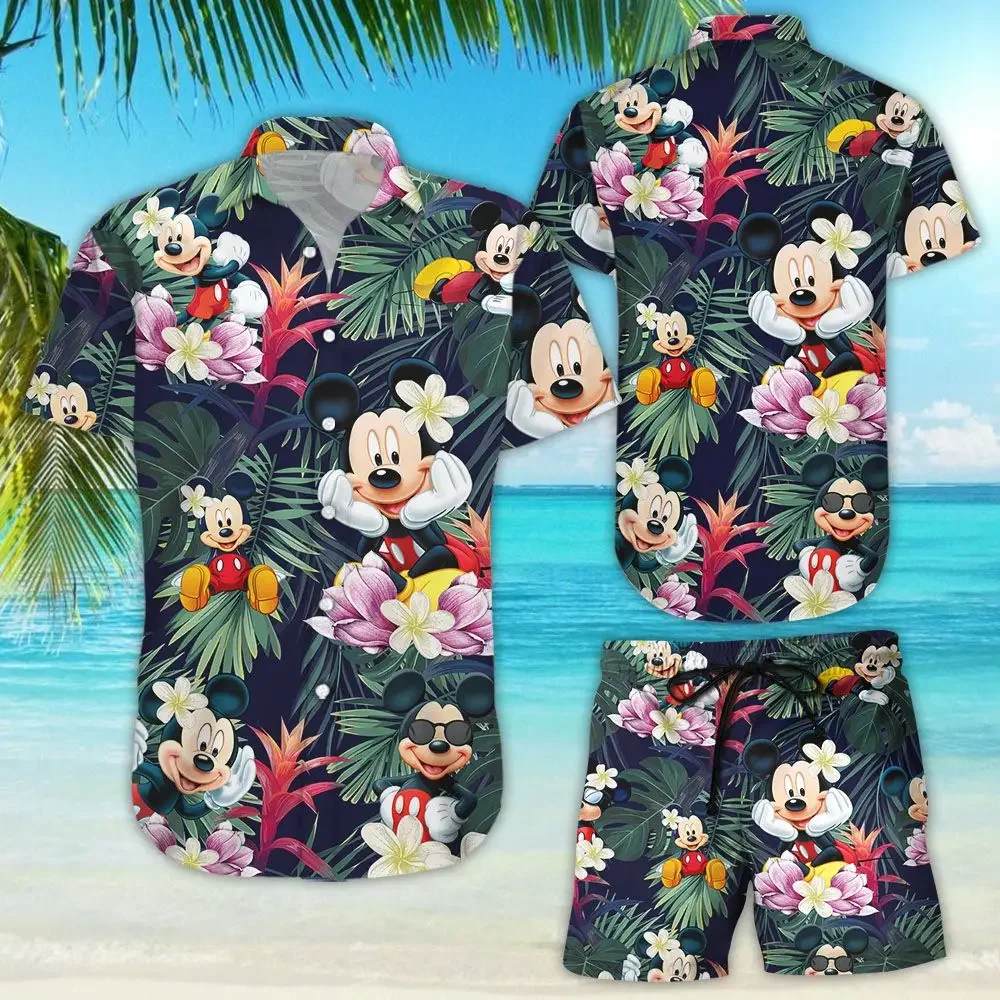 Conjunto de camisa e shorts havaiano mickey masculino e feminino, casual de férias na praia, botão vintage, verão