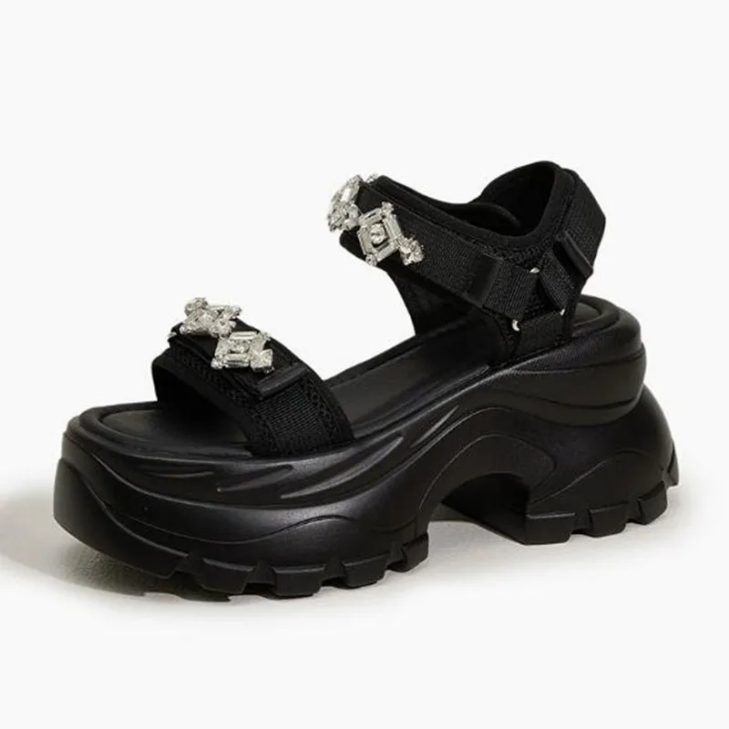 

2026 New 8.5CM Air Mesh Microfiber Leather Chunky Sandals High Platform Comfy Sneakers Summer Crystal Beach Slippers Shoes Woman