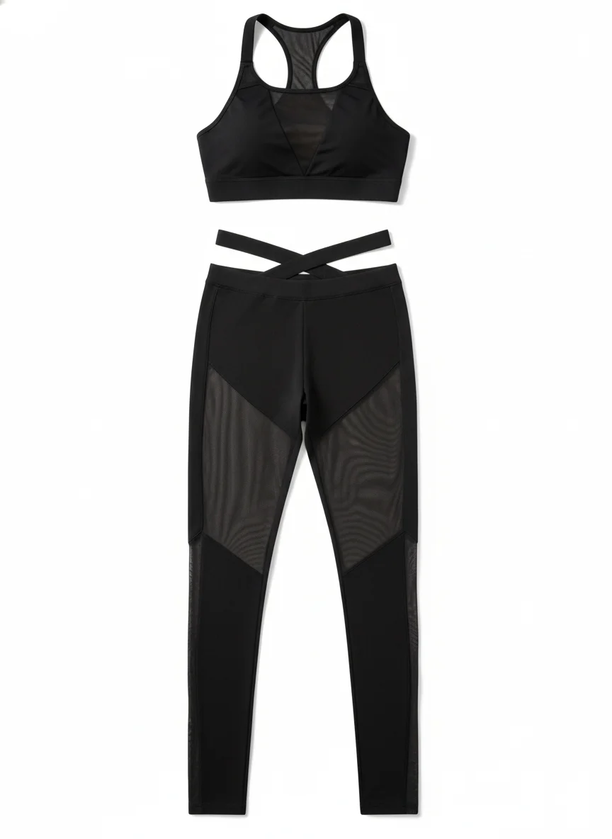 

Gymdolphin Women's Black Mesh Panel Sports Bra + Crisscross Waist Leggings Set Summer Sexy Yoga Clothes Fitness Two-piece Set