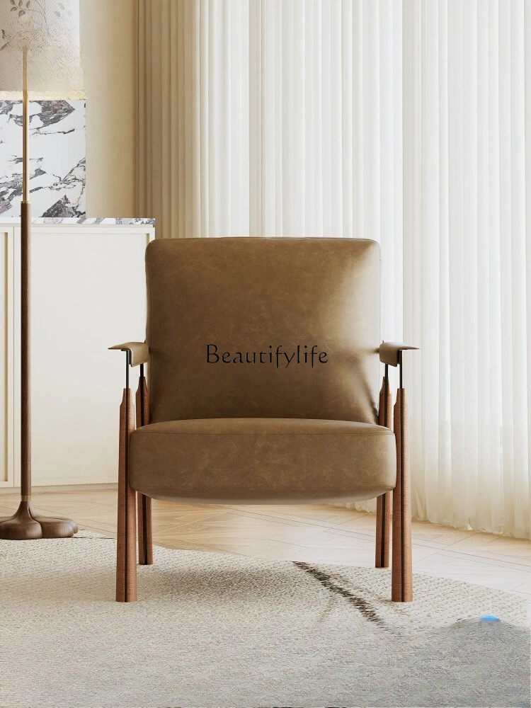 

Medieval leather single oil wax leather lazy recliner solid wood modern simple leisure chair
