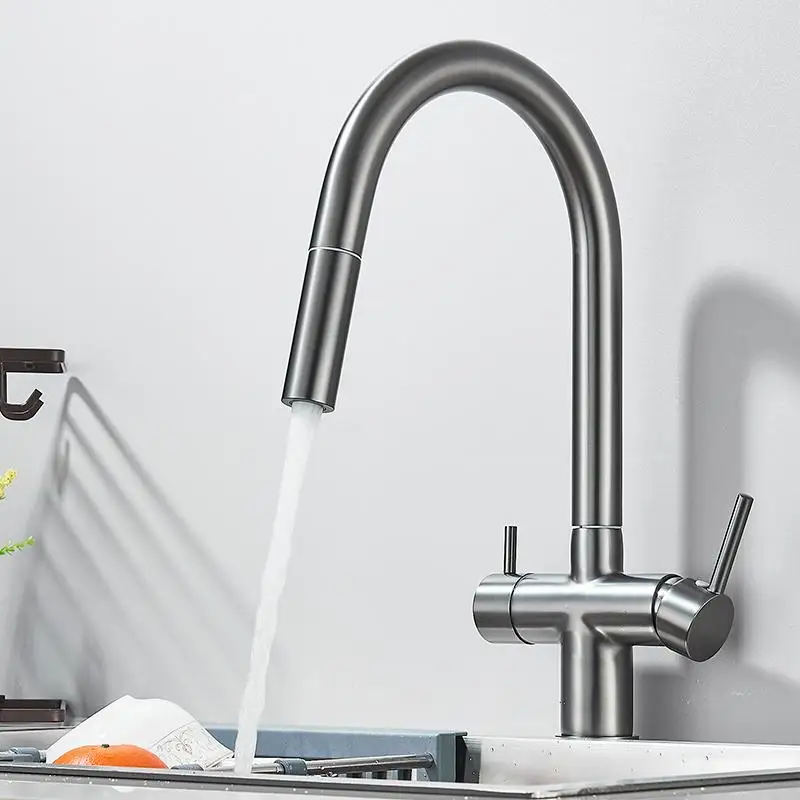 Gun Grey Pull Out Kitchen Sink Faucet Dual Handle Filtered Faucet Two Model Stream Sprayer Nozzle Brass Hot Cold Wate Mixer Tap