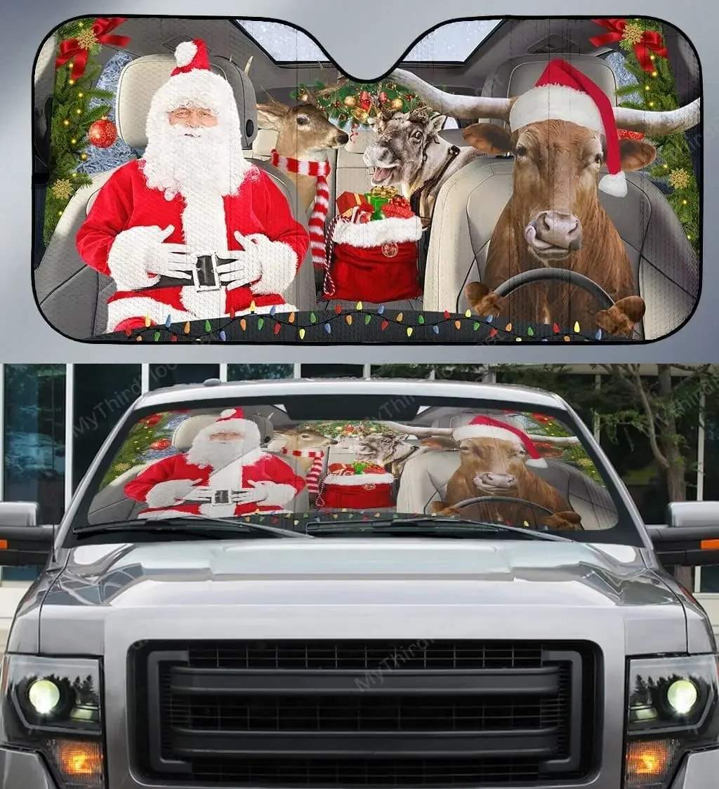 Funny Texas Longhorn Cattle Santa Family Driving Christmas Car Sunshade Windshield Window, Gift for Farmer Lover, Car Windshield