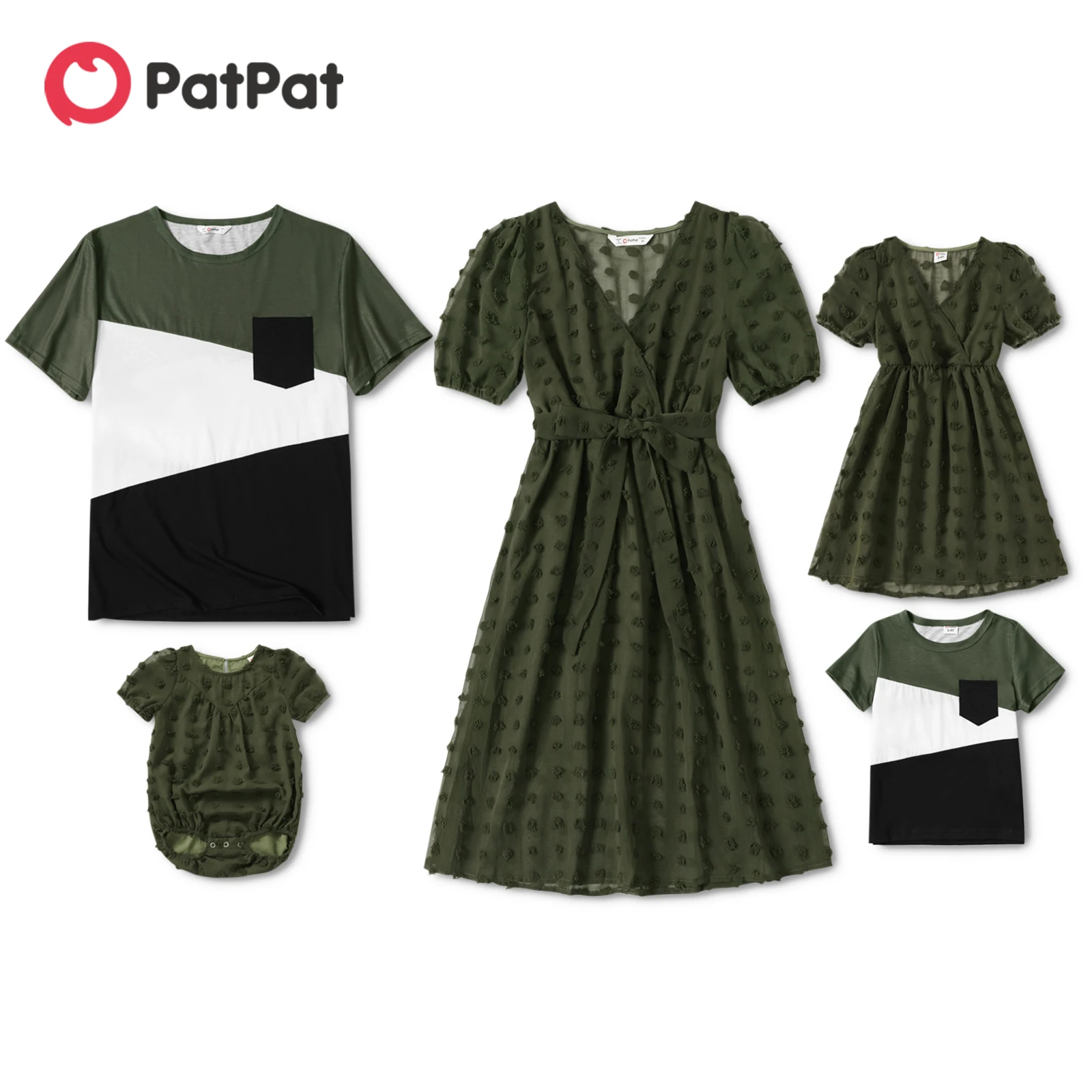 

PatPat Family Matching Army Green Swiss Dots Cross Wrap V Neck Short-sleeve Dresses and Color Block T-shirts Sets