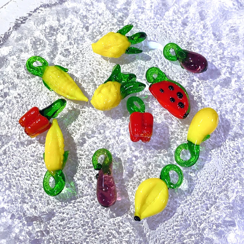 5pcs Lots Vegetables Fruit Lampwork Charms Watermelon/ Eggplant/Pepper/Corn/Cherry Pendants For Earring Jewelry DIY