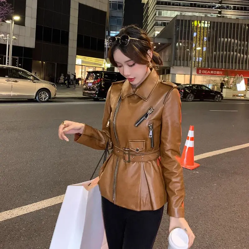 2023 New Waistband Slimming Sheepskin Irregular Zipper Jacket for Women Spring Autumn Casual Lapel Genuine Leather Jackets Lady