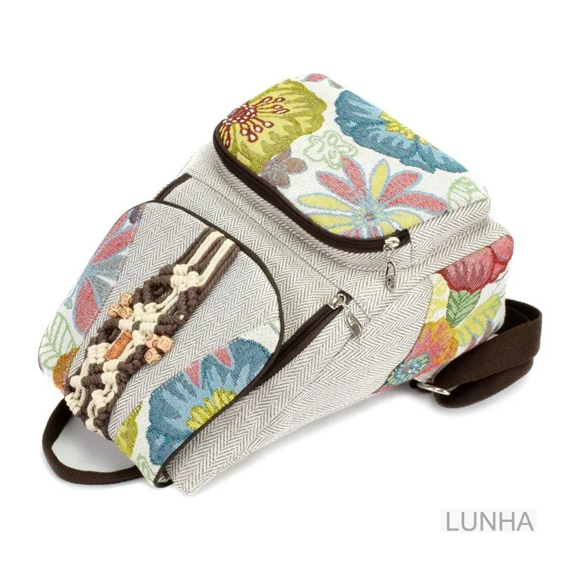 女性のためのレトロな花柄のバックパック,綿とリネンのカジュアルなバックパック,小さな手織りのバックパック,夏