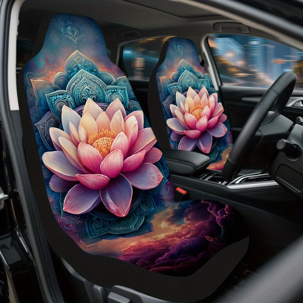 Set Of 2, Cosmic For Lotus Blossom Design Car Seat Covers – Trendy Complete Set For 2 Front Seats, Universally Compatible With M