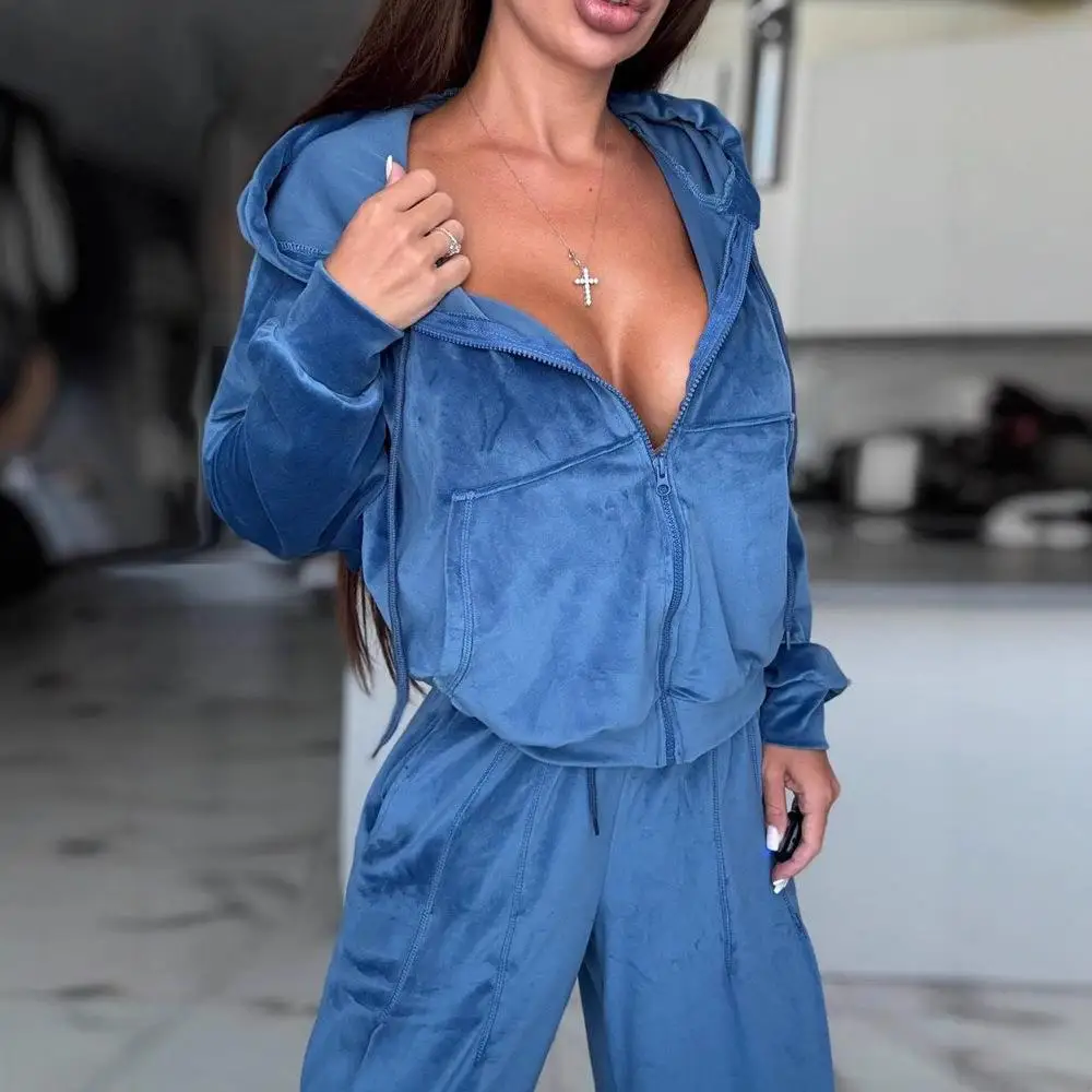 

Весенне-осенний женский однотонный комплект с длинными брюками-свеком с капюшоном, спортивный костюм из двух предметов, свободная посадка, удобная дышащая одежда