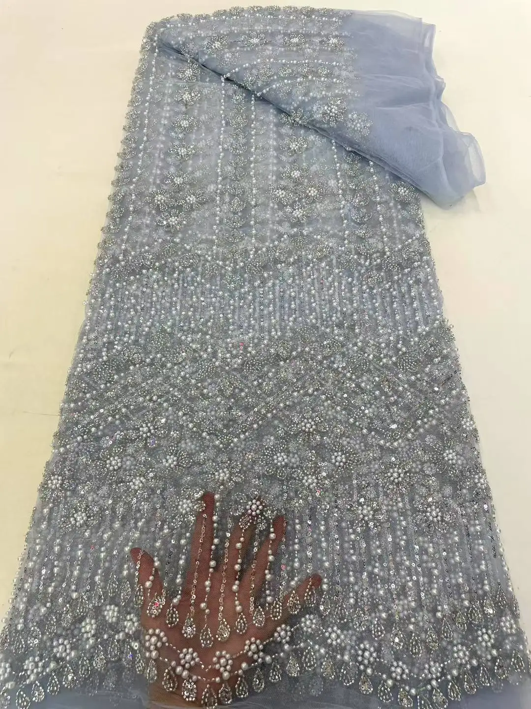 

2025 Luxury Nigerian African Beaded Lace Fabric High Quality Sequins Embroidery African French Lace Fabric For Sewing Dresses