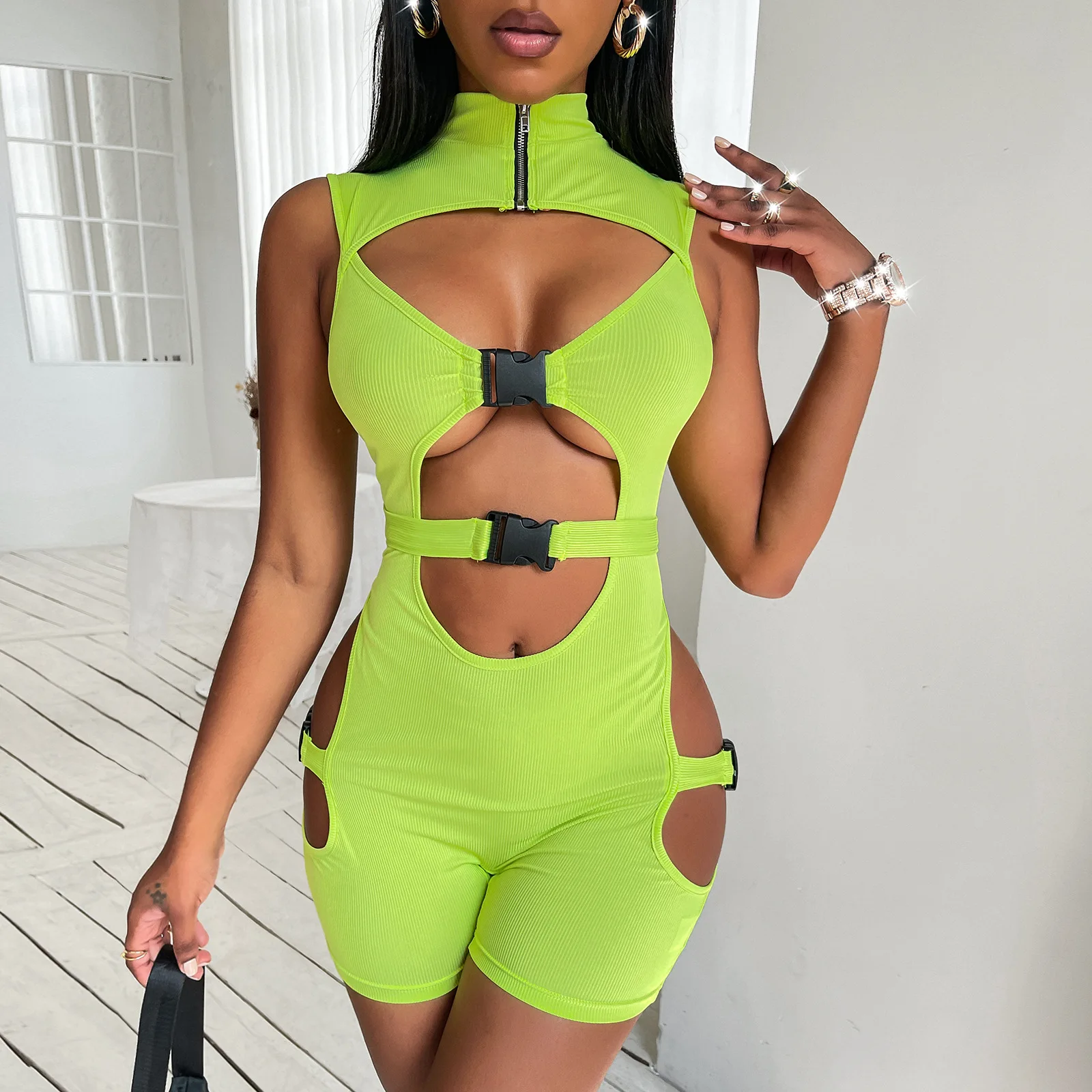 hirigin Women\'s High Neck Bodysuit Sleeveless Buckle Cutout Front Slim Short Jumpsuit Party Club Biker Rompers Streetwear