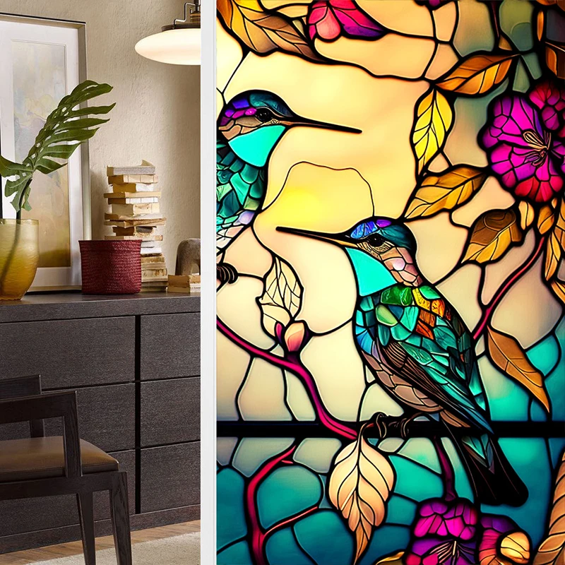 Kleurrijke Retro Bloem Vogel Glasfolie PVC Elektrostatische Glasstickers Gebrandschilderde Glasfolie Statische Cling Frosted Glass Film