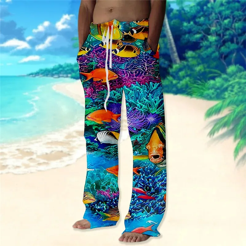Summer Men's Fashion Trend 3D Printed Wide Leg Pants Hawaiian Style Beach Pants Vacation Casual Loose Pants