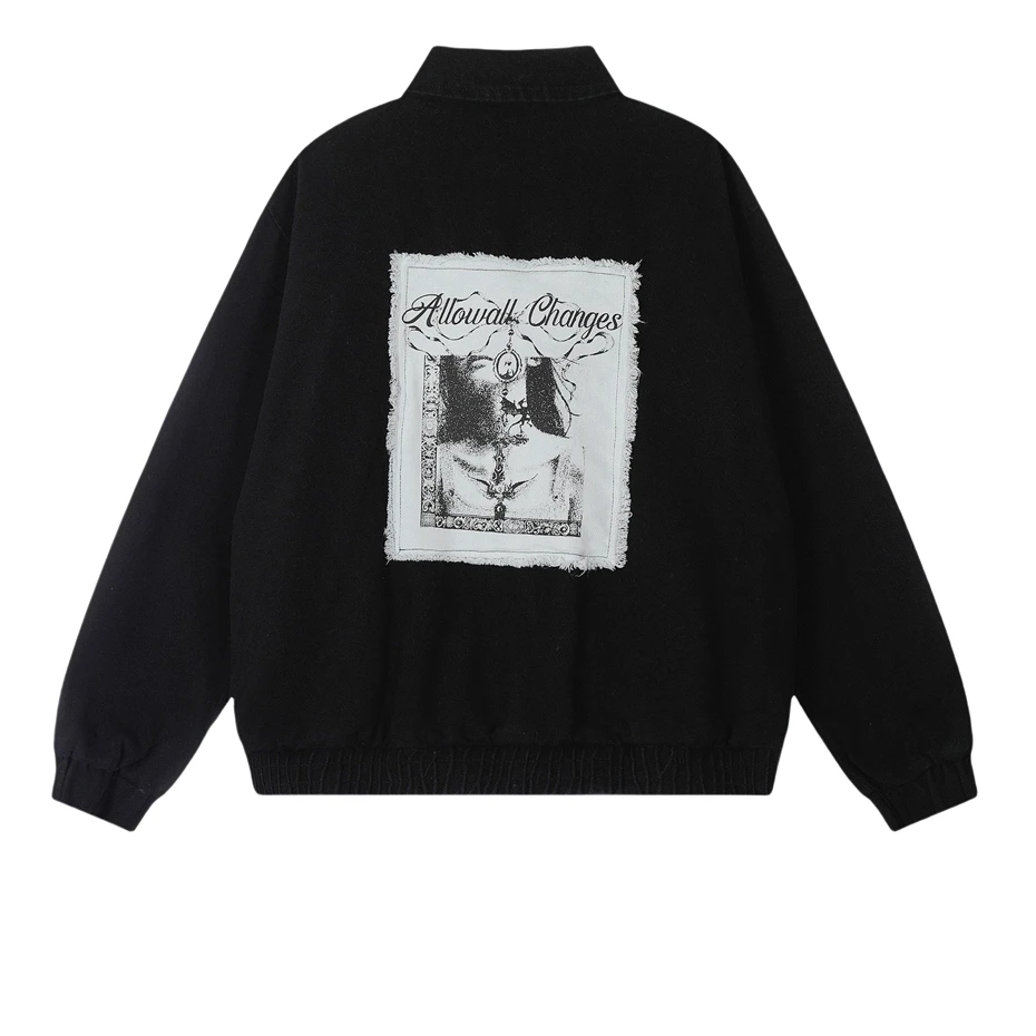 Vintage Graphic Patch Jackets Mens Streetwear Hip Hop Zipper Jacket Men Oversized Harajuku Autumn New Loose Casual Coats Unisex