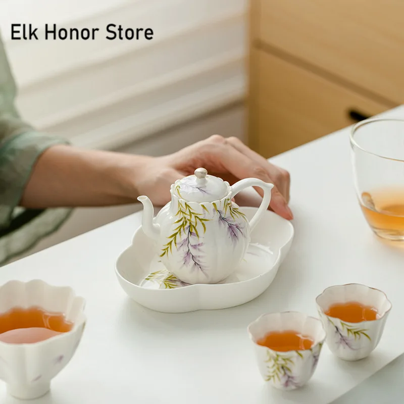 Pure Hand-painted Wisteria Flower Ceramic Pot Bearing Holder Boutique Dry Brew Table Tea Tray Fruit Palte Kung Fu Tea Tea Items