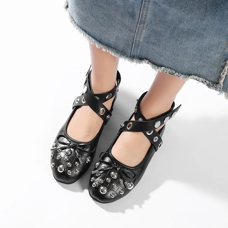 

New Design Bow Single Shoes Women's Fashion Round Toe Shallow Flat Ballet Flats Shoes Black Leather Dance Shoe Zapatos De Mujer
