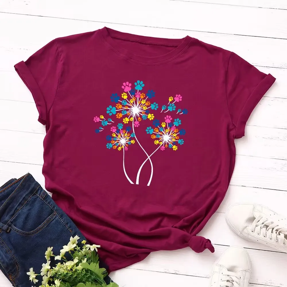 

Boho Floral Dandelion Paw Print Graphic Tee Women Casual Short Sleeve Crew Neck Summer T-Shirt
