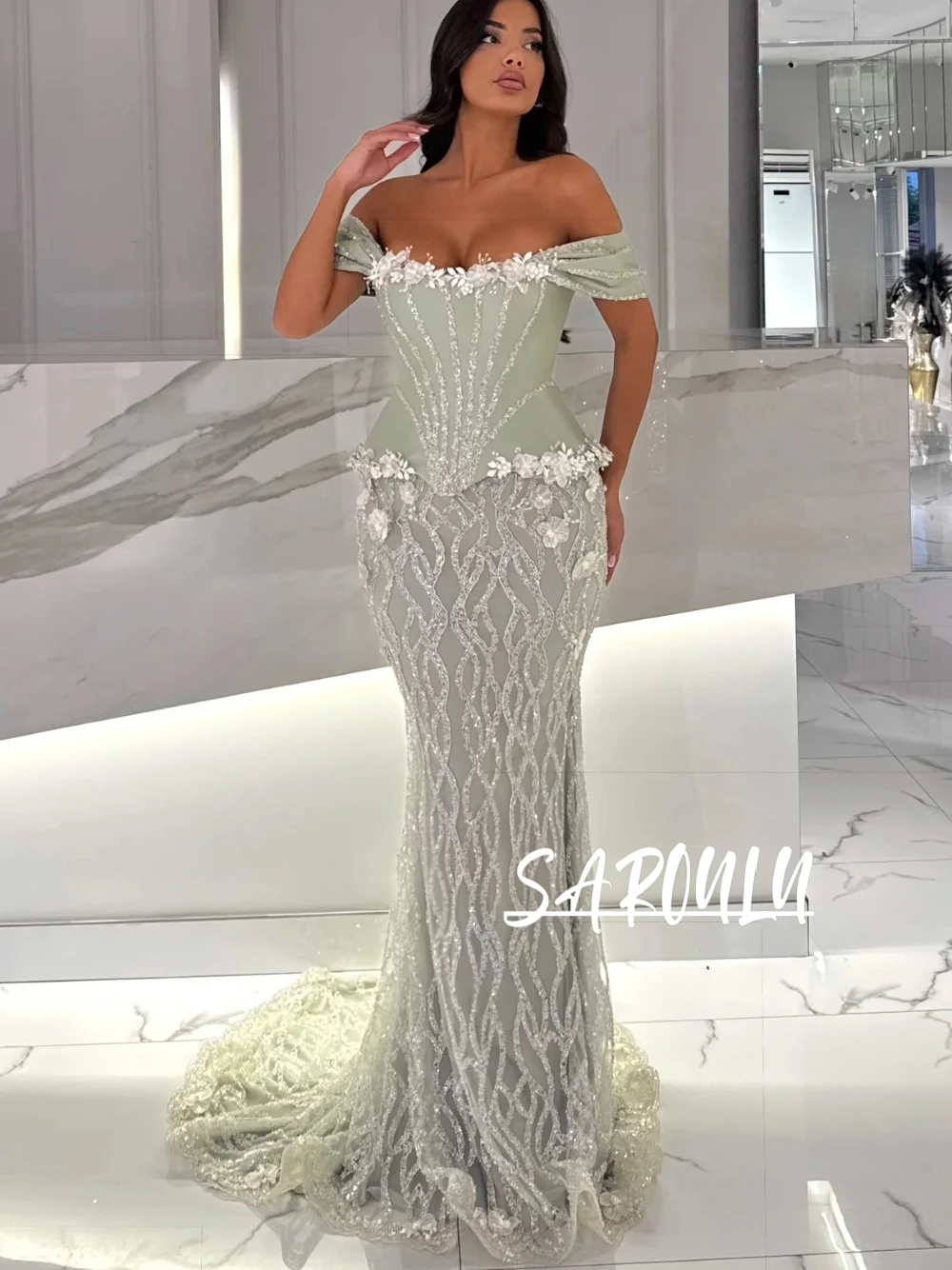 

Sage Color Charming Evening Dress Elegant Off Shoulder Floral Mermaid Cocktail Gown Dazzling Beads Chic Corset Banquet Wear