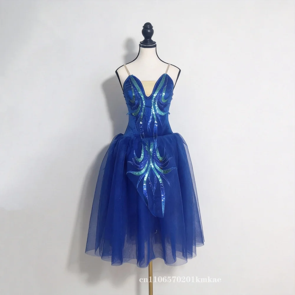 

Женские длинные балетные юбки-пачки с синими цветами, костюмы для выступлений, платья принцессы для танцевальных тренировок, романтические платья