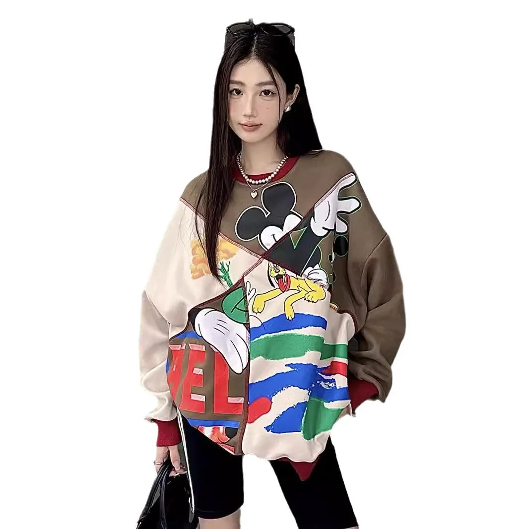 Cartoon Printed Colorblock Mid-Length Crew Neck Sweatshirt 2024 Autumn New Mid-Length Loose Casual Oversized Hoodies Women