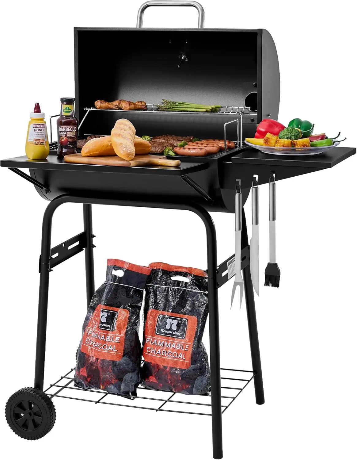 

Large Barrel Charcoal Barbecue Grill - 426 sq. in. Cooking Grid, Sturdy Side Shelf with Hooks & Front Shelf, for Outdoor Backyard Picnics, Black