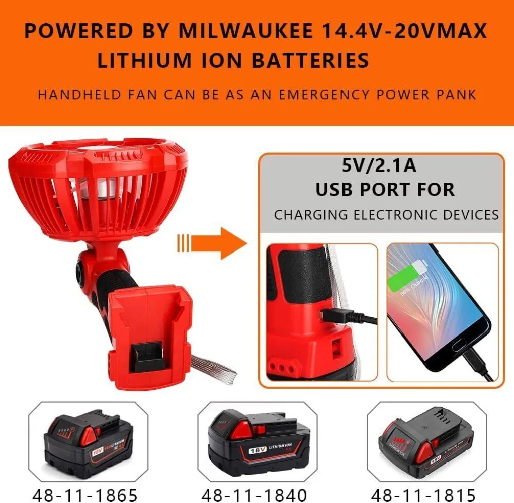 Portable Jobsite Fan with Remote for Milwaukee 18v Lithium Battery with 9W LED Light Handheld Fan for Camping Traveling Outdoor