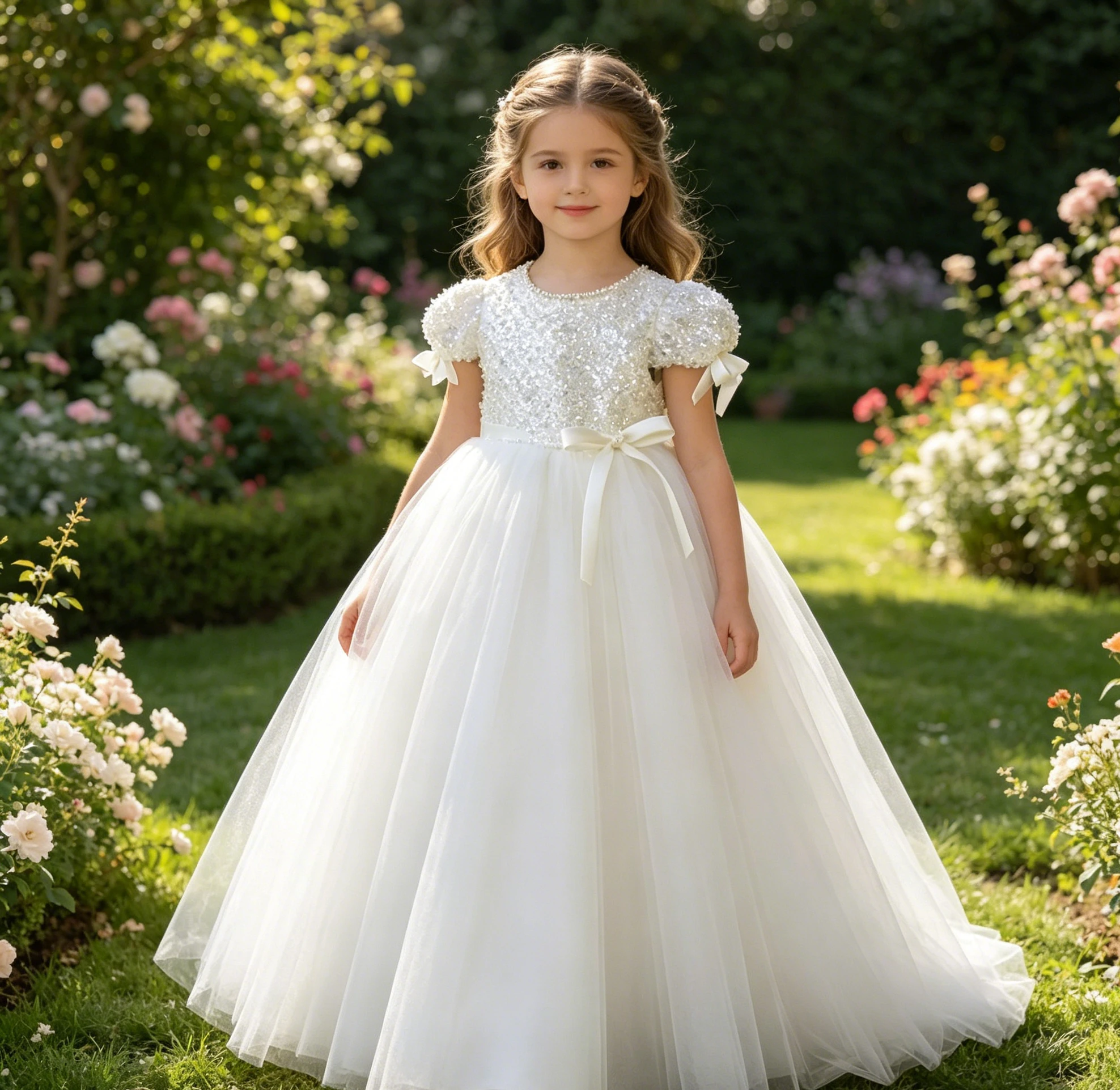 

Customized White Flower Girl Dress For Wedding Glitter Pearls High Waist Floor Length Kids Birthday Party First Communion Gown