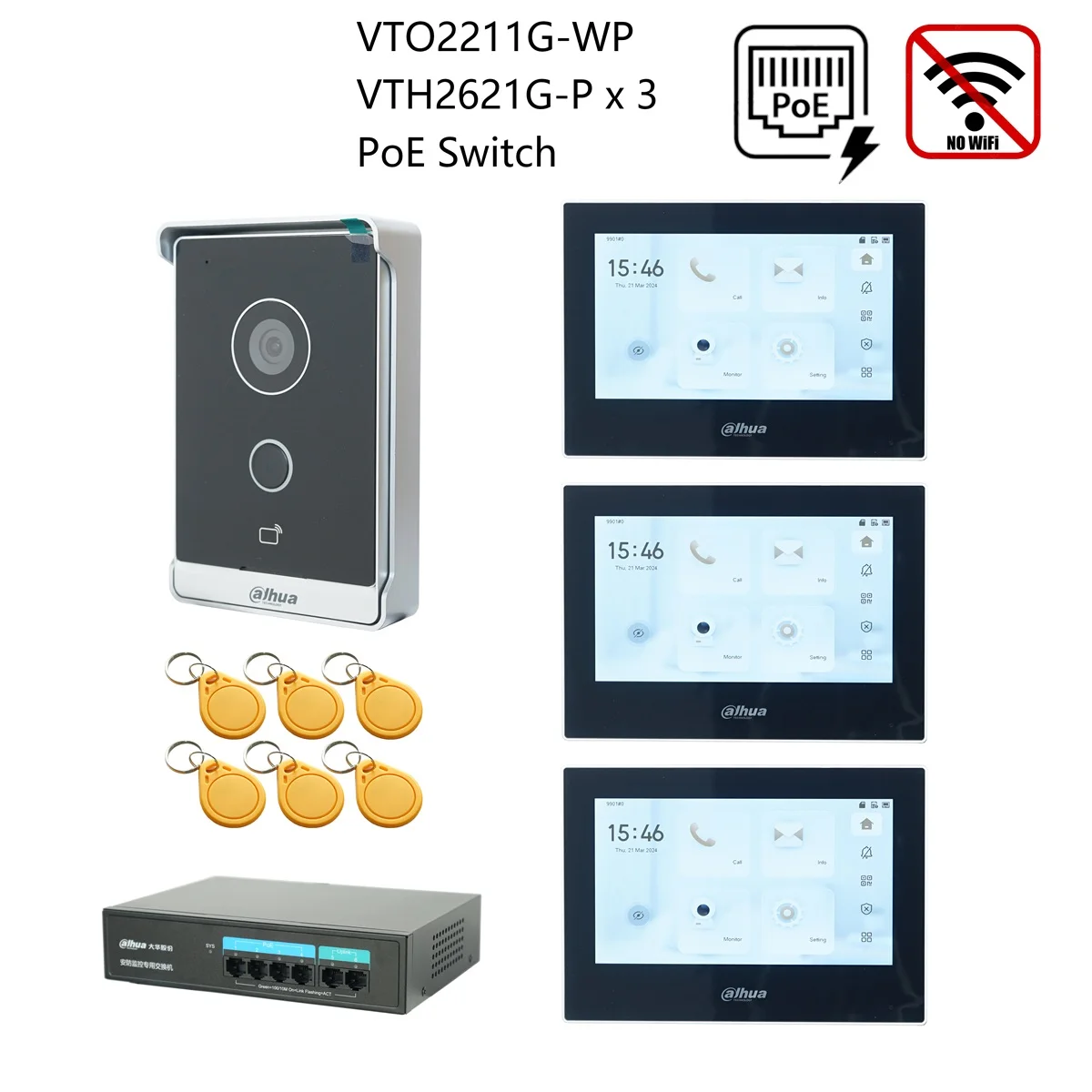 Dahua originele IP Video Intercom KIT, VTO2211G-WP & VTH2621G-P & PoE schakelaar, ondersteuning telefoon app, RFID Card Ontgrendelen