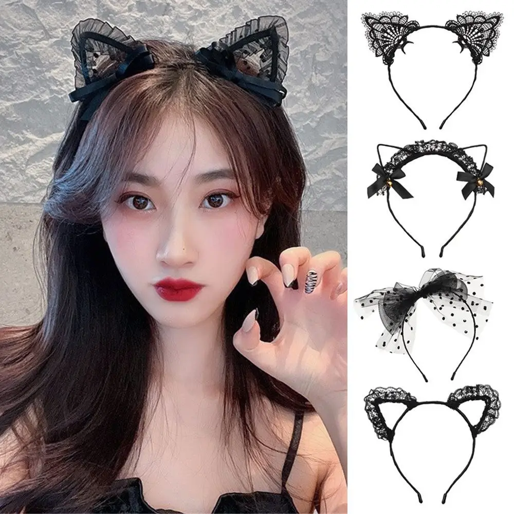 Śliczne koronkowe kocie uszy pałąk przebranie Hairband kobiety dziewczyny Cosplay nakrycia głowy Masquerade kostium Anime peruki imprezowe akcesoria