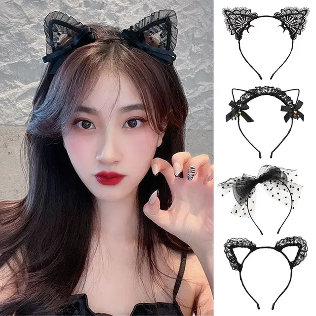 Śliczne koronkowe kocie uszy pałąk przebranie Hairband kobiety dziewczyny Cosplay nakrycia głowy Masquerade kostium Anime peruki imprezowe akcesoria