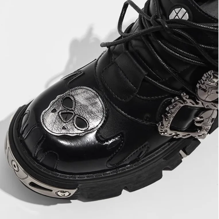 Cowhide Rock Flame Trend Carving Dark Punk Small Leather Skull Design Low-top Gothic Thick-soled Single Shoes