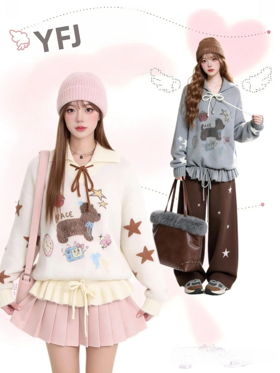 

American Sle Cartoon Dog Sweater Jaet Women's Autumn Winter Lazy Collar Knitted Top Sweet Sle Loose Fit Long Sve